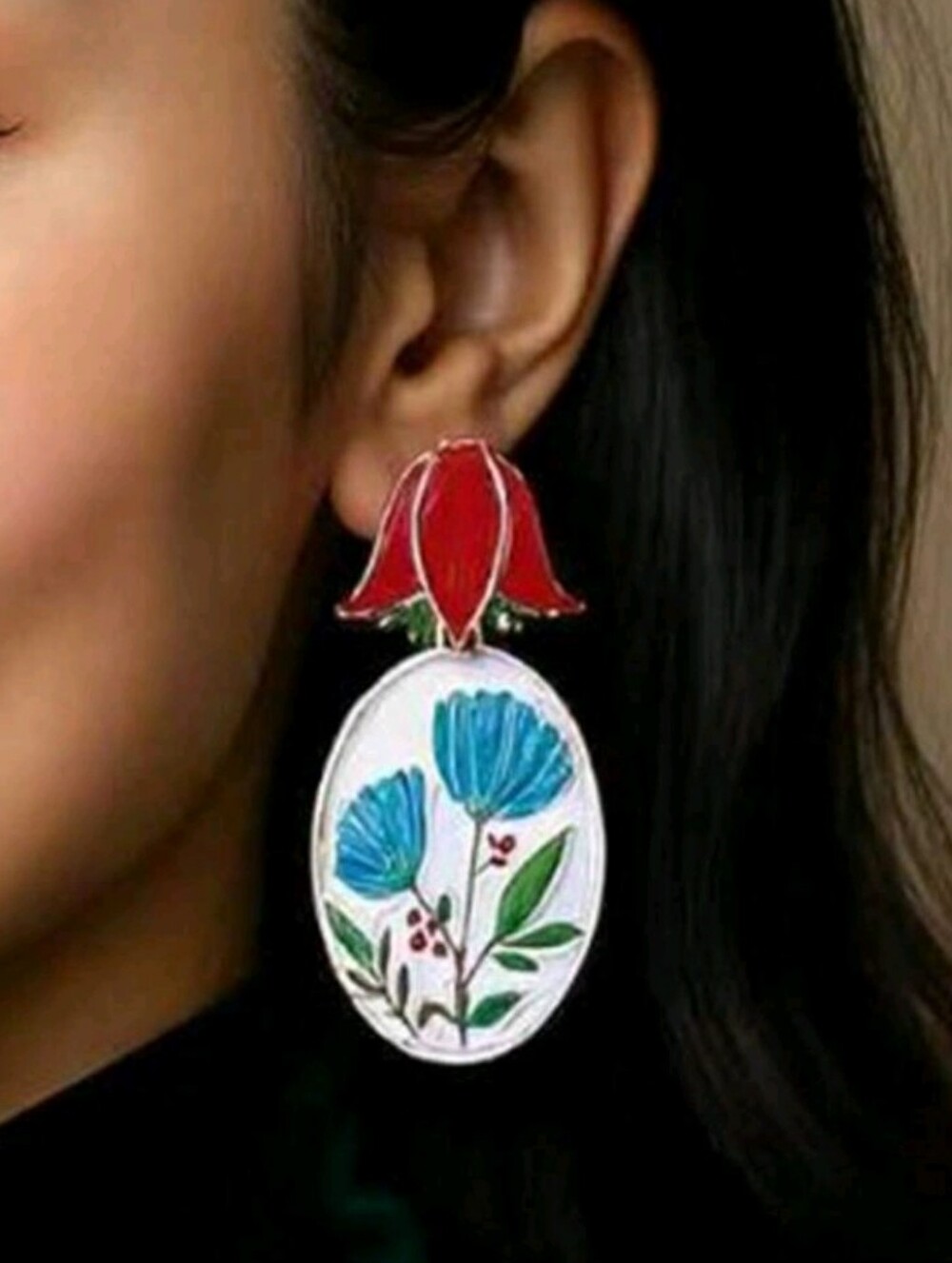 NEW! ZARA Gold Enamel Hand-Painted Blue Floral Drop Earrings with Tulip Accent
